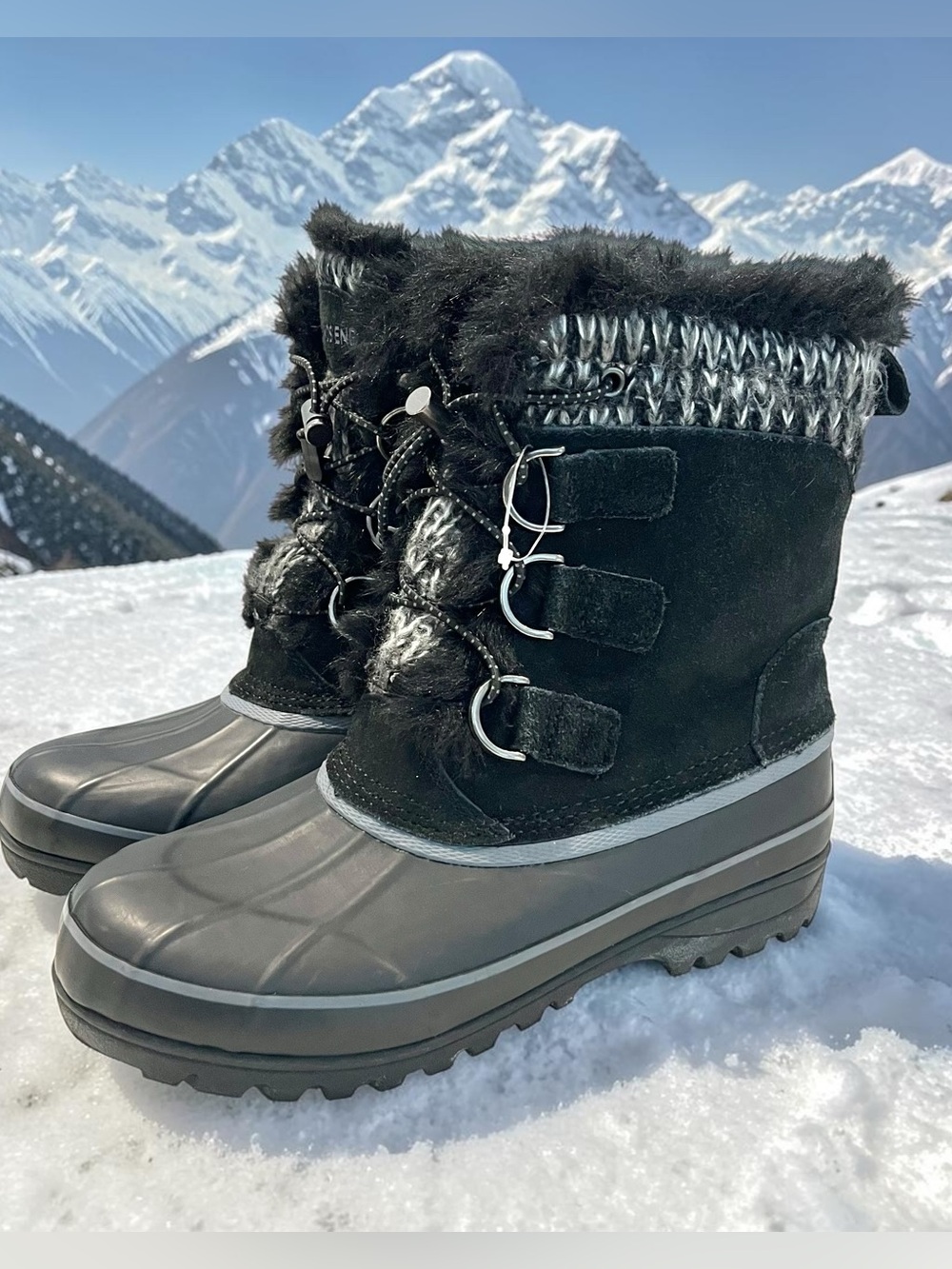 Lands End Hillary Faux Fur Winter Snow Boots Women's 8 Black Grey Waterproof